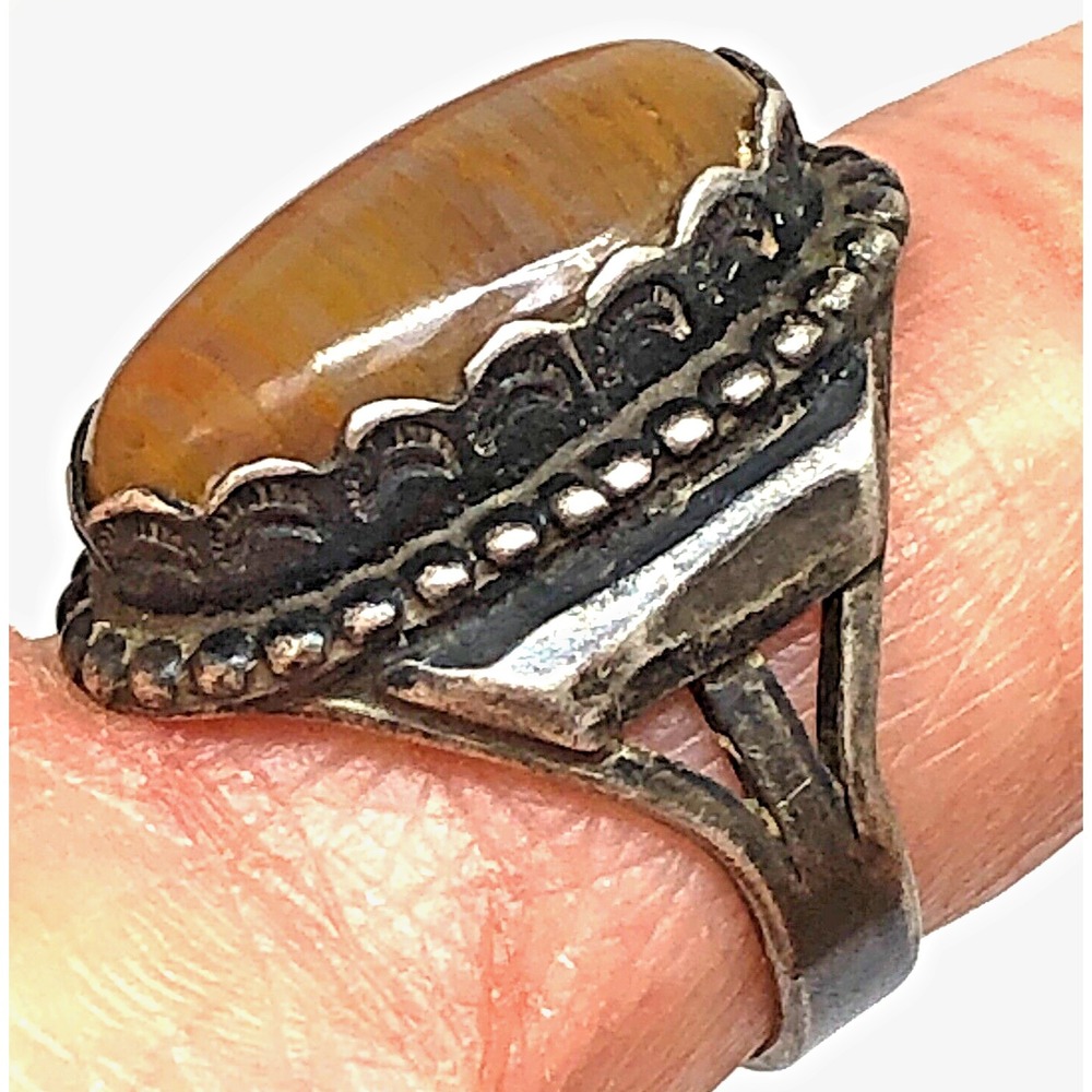 VTG Navajo Agate Ring Sz 7 Harvey Era Sterling 9g Oval Unique‎ Patina Turquoise
